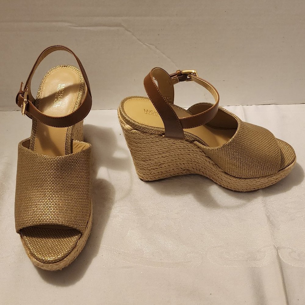 Size 9.5 Michael Kors Penelope Leather & Fabric Espadrille Platform Wedges